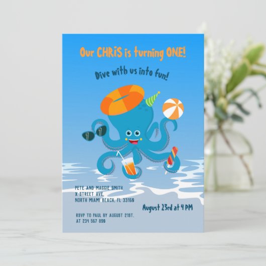 海のタコの男の子の下の最初のパーティー 招待状 (スタンド正面)