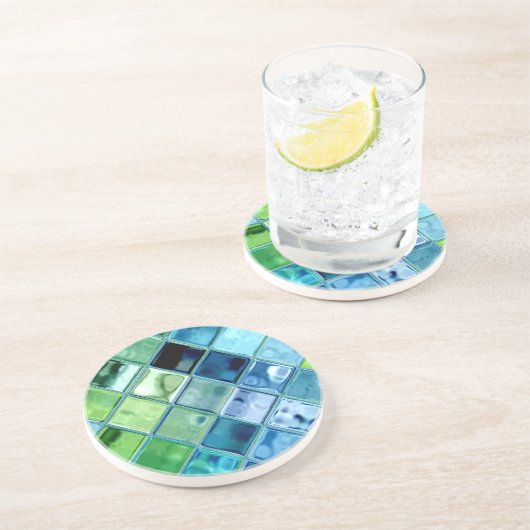 海のティール（緑がかった色）のガラスモザイク・タイルの芸術 コースター (側面)