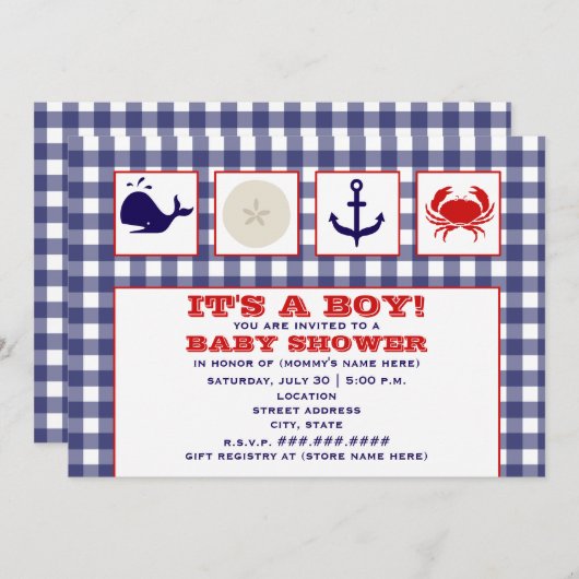 海のテーマのギンガムのベビーシャワーの招待状 招待状 (正面/裏面)