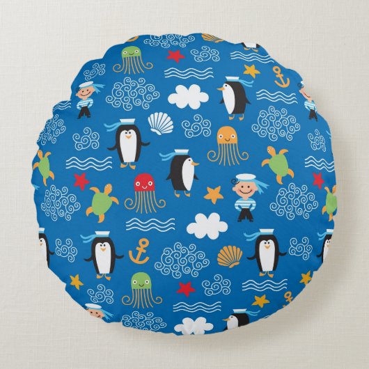 海のテーマのパターン ラウンドクッション (正面)