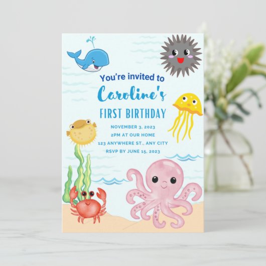 海のテーマの最初の誕生日の招待 招待状 (スタンド正面)