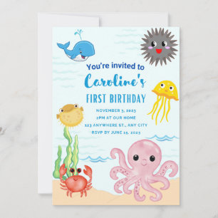 海のテーマの最初の誕生日の招待 招待状