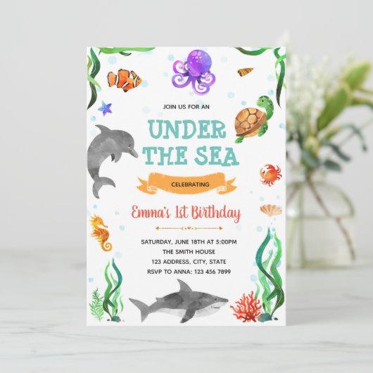 海のテーマパーティーの招待を受けてかわいい 招待状 (スタンド正面)