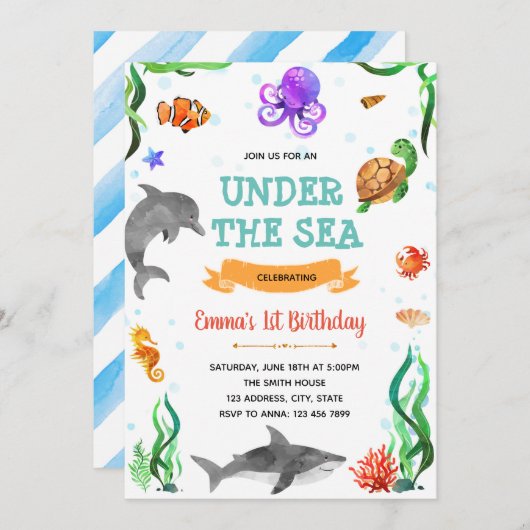 海のテーマパーティーの招待を受けてかわいい 招待状 (正面/裏面)