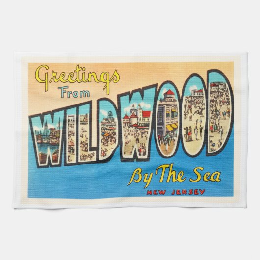 海のニュージャージーNJのヴィンテージの郵便はがきによるWildwood キッチンタオル (横)