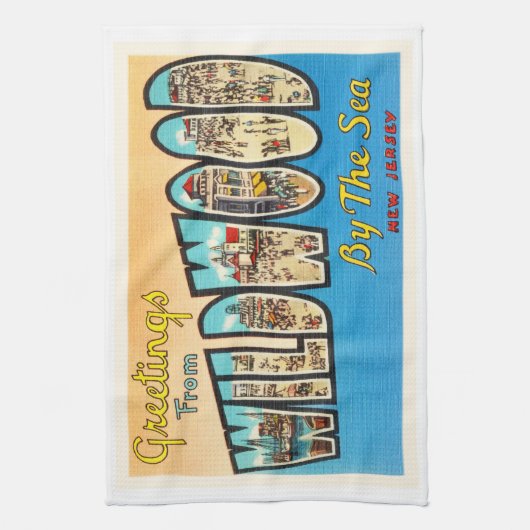 海のニュージャージーNJのヴィンテージの郵便はがきによるWildwood キッチンタオル (縦)