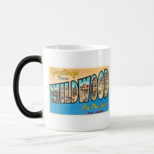海のニュージャージーNJのヴィンテージの郵便はがきによるWildwood モーフィングマグカップ (左)