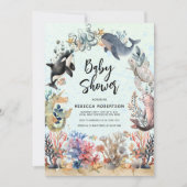 海のニュートラルなベビーシャワーの下の水色 招待状 (正面)