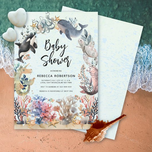 海のニュートラルなベビーシャワーの下の水色 招待状