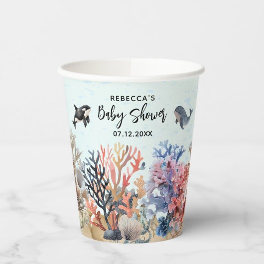 海のニュートラルなベビーシャワーの下の水色 紙コップ (左)
