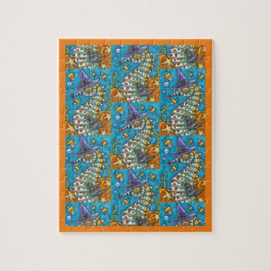 海のハロウィーンの下のキャンディーコーンシーホースの魔女 ジグソーパズル (縦)