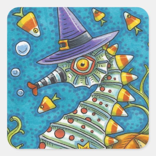 海のハロウィーンの下のキャンディーコーンシーホースの魔女 スクエアシール (正面)