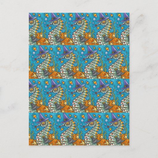 海のハロウィーンの下のキャンディーコーンシーホースの魔女 ポストカード (正面)