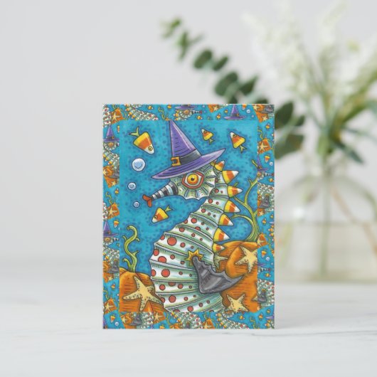 海のハロウィーン魚の下のキャンディーコーンシーホース ポストカード (スタンド正面)