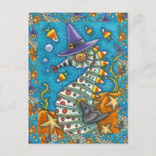 海のハロウィーン魚の下のキャンディーコーンシーホース ポストカード (正面)