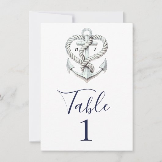 海のハートのロープアンカー沿岸テーブルナンバー 招待状 (正面)