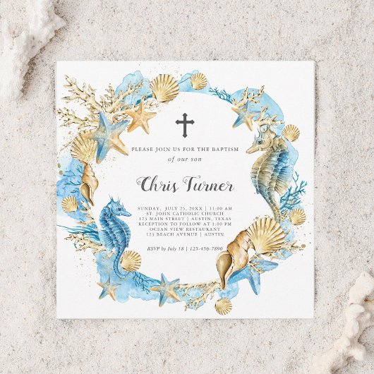 海のバプテスマの下の青と金ゴールド 招待状