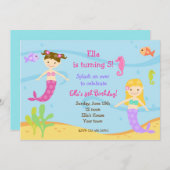 海のバースデーパーティ招待状の下の人魚 招待状 (正面/裏面)