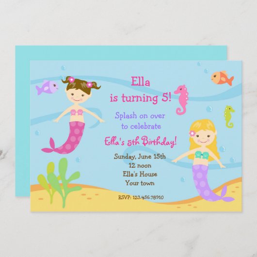海のバースデーパーティ招待状の下の人魚 招待状 (正面/裏面)