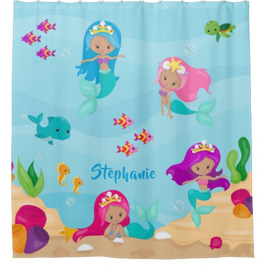 海のパーソナライズされた下でガーリーかわいい人魚 シャワーカーテン (正面)