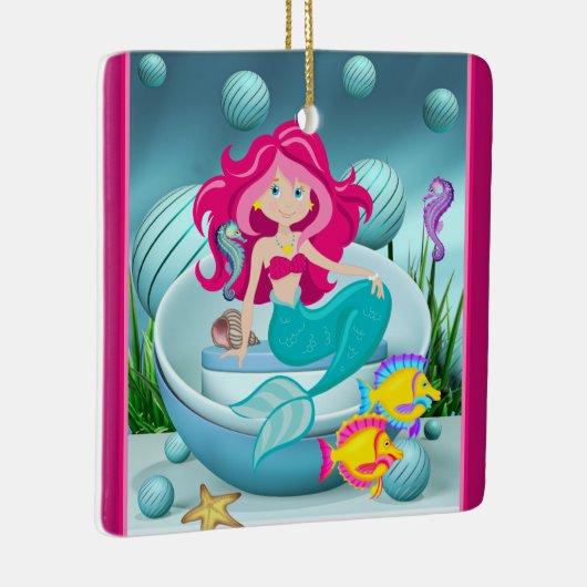 海のパーソナライズされた下の人魚ビーチクリスマス セラミックオーナメント (右)