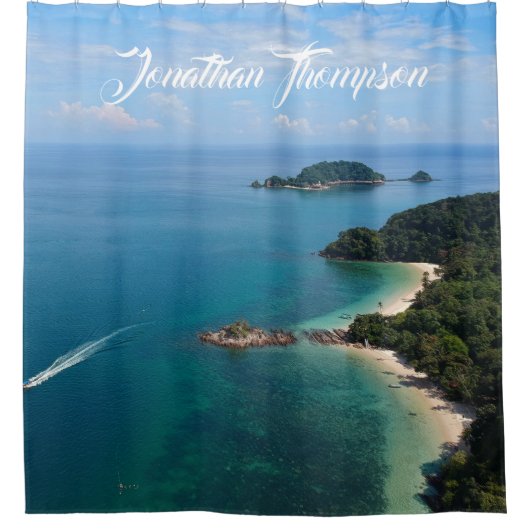 海のパーソナライズされた青い水青空 シャワーカーテン (正面)