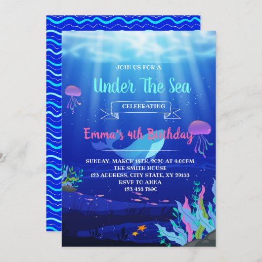 海のパーティの招待状の下のカラフル 招待状 (正面/裏面)