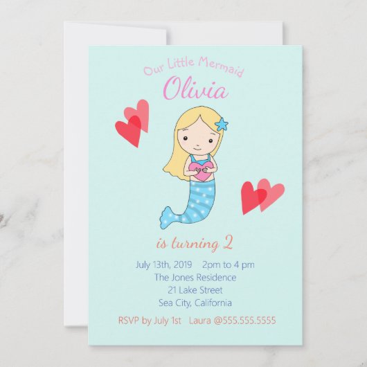 海のパーティーの下の人魚の誕生日の招待状 招待状 (正面)