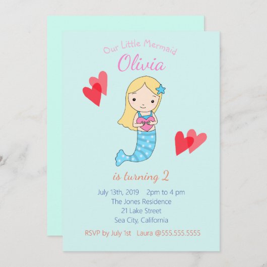 海のパーティーの下の人魚の誕生日の招待状 招待状 (正面/裏面)