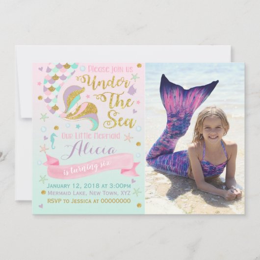 海のパーティーの下の人魚の誕生日の招待状 招待状 (正面)