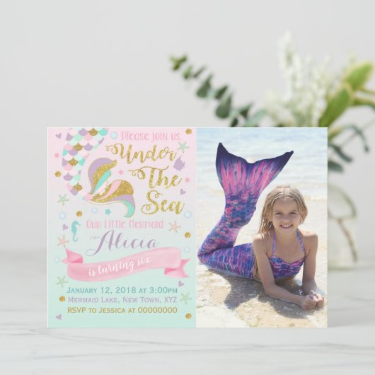 海のパーティーの下の人魚の誕生日の招待状 招待状 (スタンド正面)