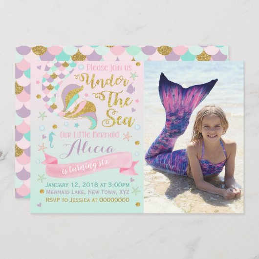 海のパーティーの下の人魚の誕生日の招待状 招待状 (正面/裏面)