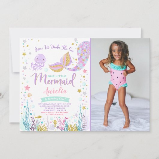 海のパーティーの下の人魚の誕生日の招待状 招待状 (正面)