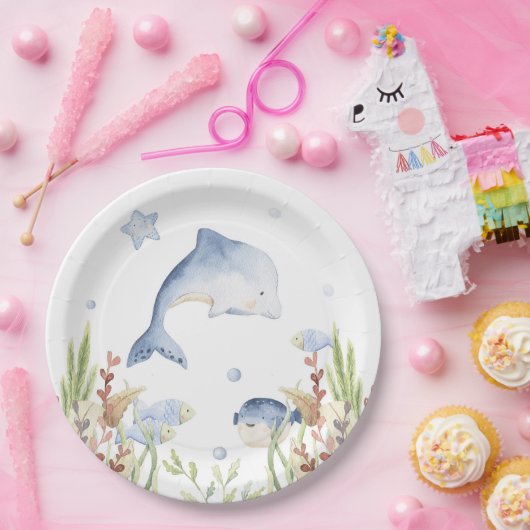 海のパーティーデコールの下，ドルフィン誕生日 ペーパープレート (パーティー)