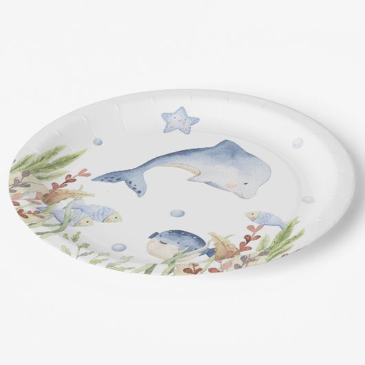 海のパーティーデコールの下，ドルフィン誕生日 ペーパープレート (アングル)