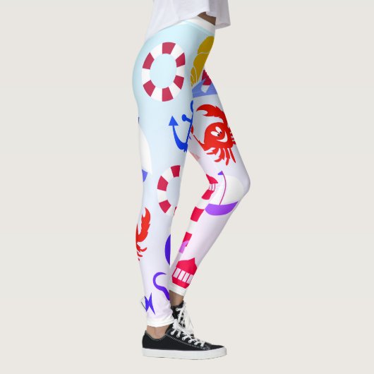 海のビーチと海獣の海洋模様 レギンス (右)