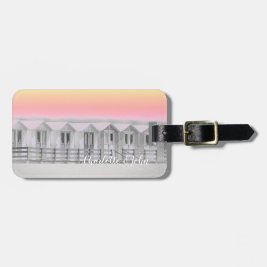 海のビーチのピンクの夕日を飾る ラゲッジタグ (正面横)