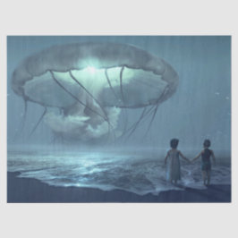 海のビーチの上にある光るクラゲの雲 薄葉紙