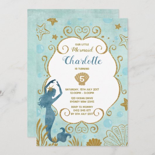 海のビーチの下の人魚の誕生日の招待状 招待状 (正面/裏面)