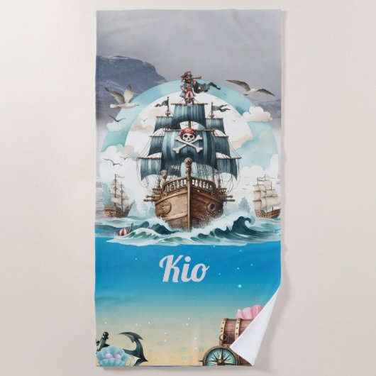 海のビーチタオルを航行する海賊船 ビーチタオル (正面)