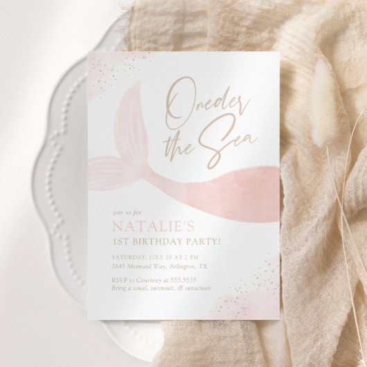 海のピンクの人魚の女の子の誕生日パーティー 招待状