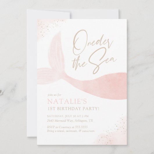海のピンクの人魚の女の子の誕生日パーティー 招待状 (正面)