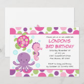 海のピンクの女の子の誕生日招待状 招待状 (正面/裏面)