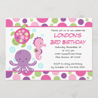 海のピンクの女の子の誕生日招待状 招待状