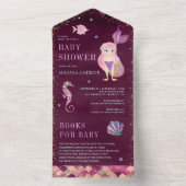 海のピンクの紫の人魚の赤ちゃんシャワーの下で オールインワン招待状 (内側)