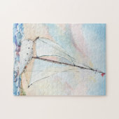 海のファインアートの水彩画の絵画のヨット ジグソーパズル (横)