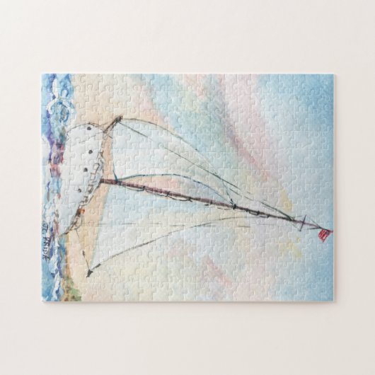 海のファインアートの水彩画の絵画のヨット ジグソーパズル (横)