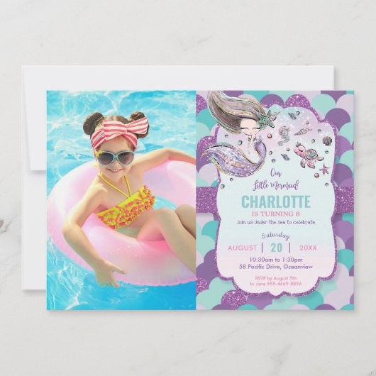 海のプールの下の人魚の誕生日パーティーの写真 招待状 (正面)