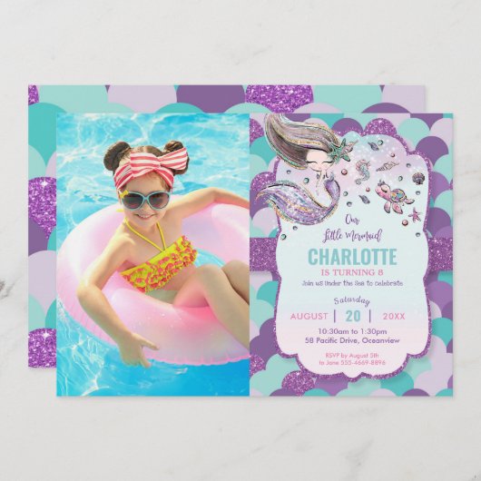 海のプールの下の人魚の誕生日パーティーの写真 招待状 (正面/裏面)