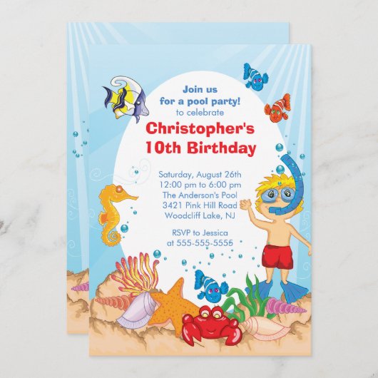 海のプールを囲んでのパーティの誕生日の招待状の男の子の下 招待状 (正面/裏面)
